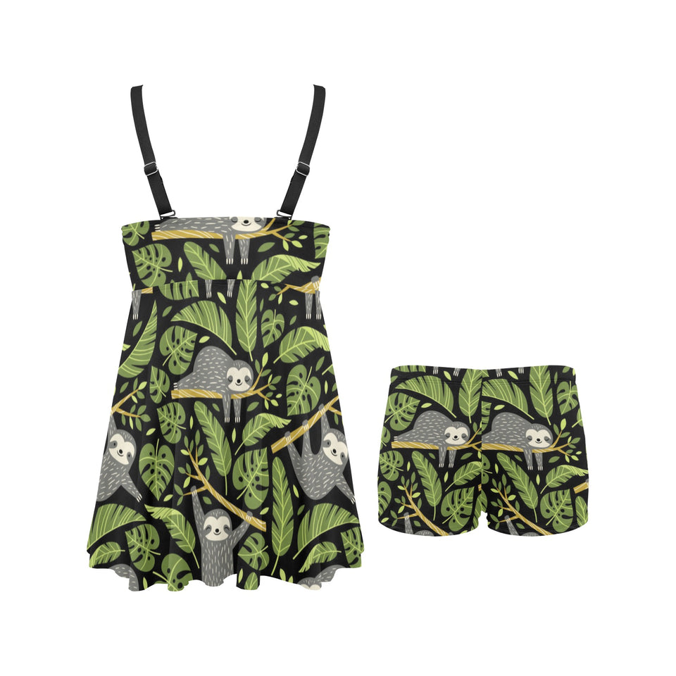 Cute sloths tropical palm leaves black background Chest Sexy Pleated Two Piece Swim Dress