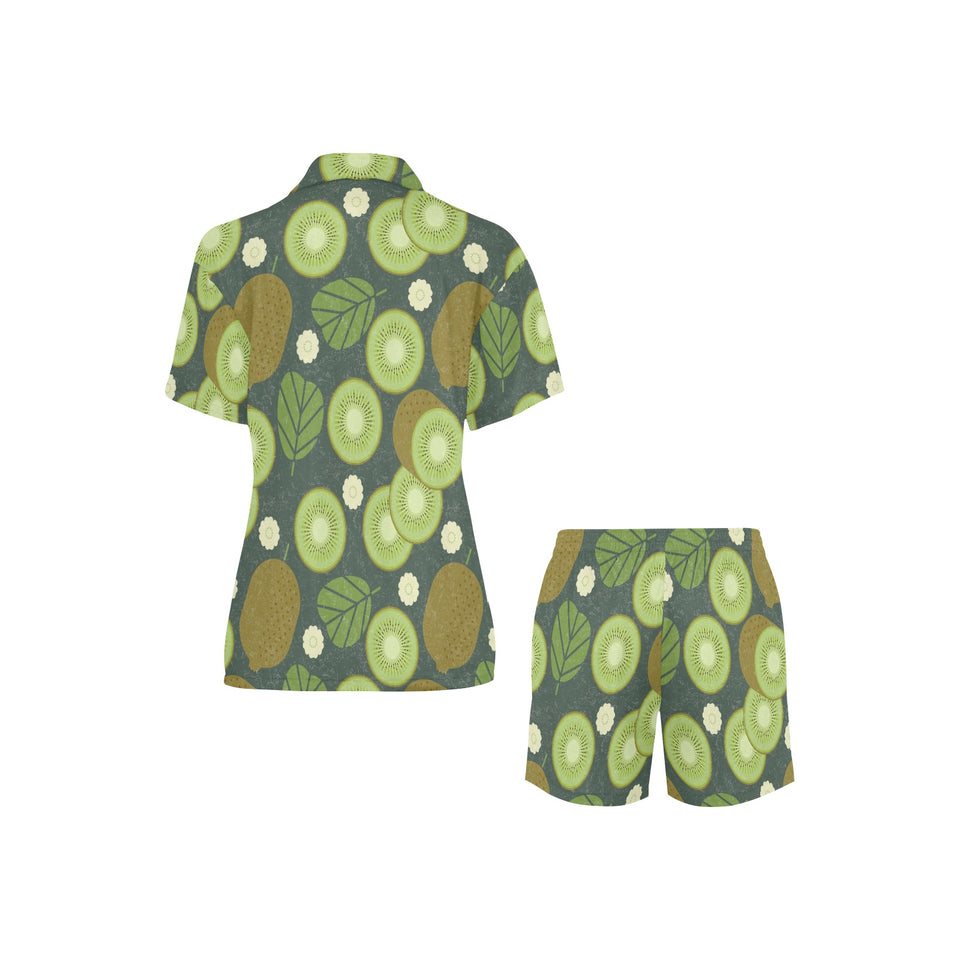 Whole sliced kiwi leave and flower Women's V-Neck Short Pajama Set