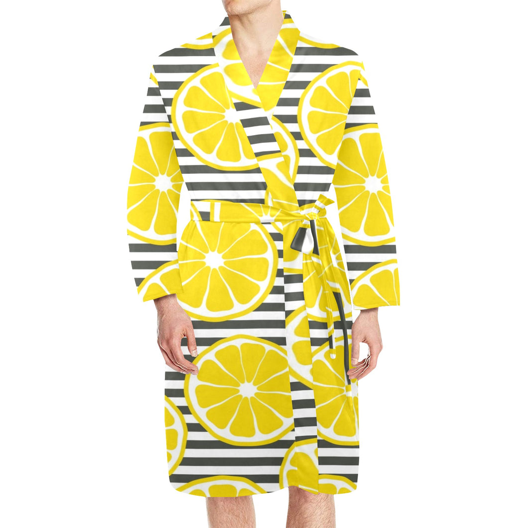 slice of lemon design pattern Men's Long Sleeve Belted Night Robe