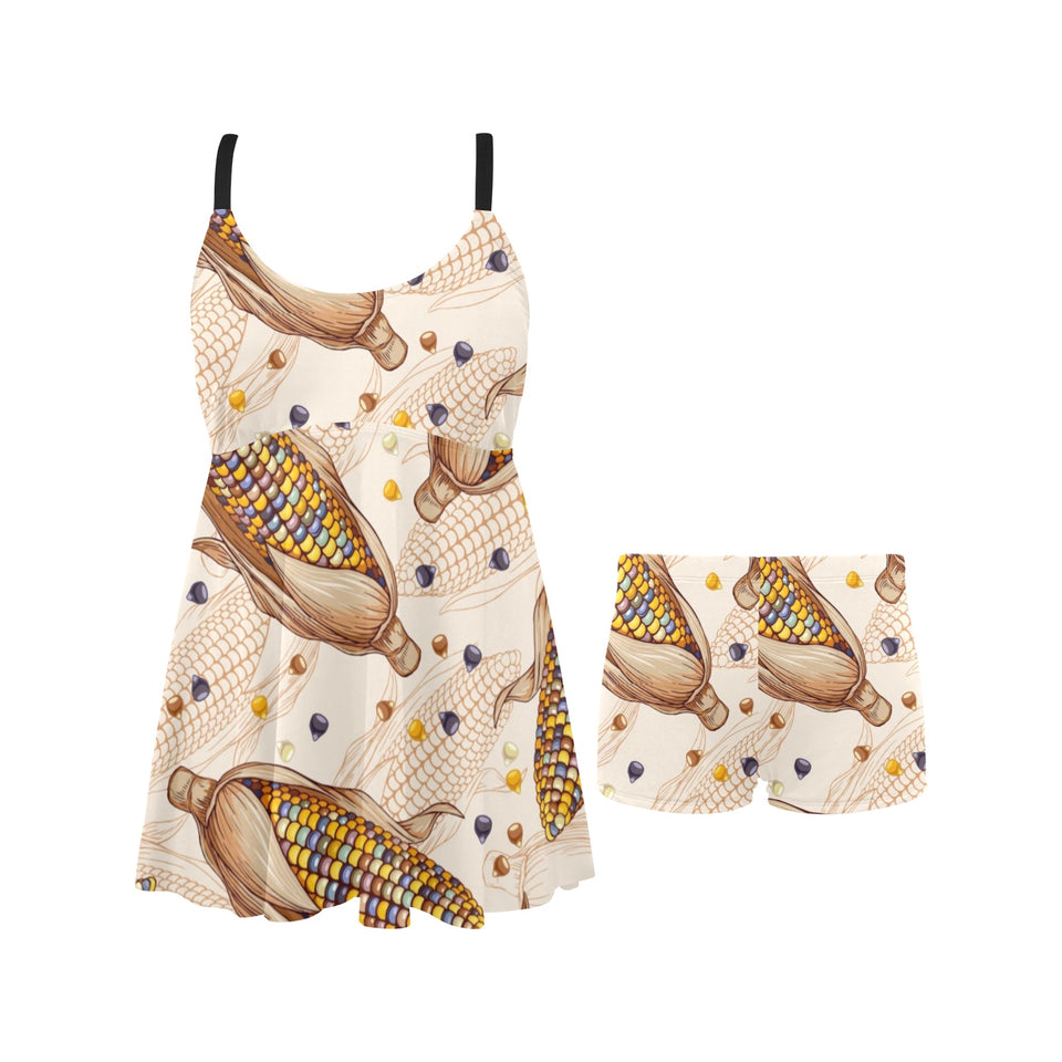 Corn Pattern Print Design 03 Chest Sexy Pleated Two Piece Swim Dress