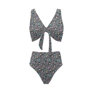 Ostrich Pattern Print Design 01 Chest Bowknot High Waisted Bikini Swimsuit