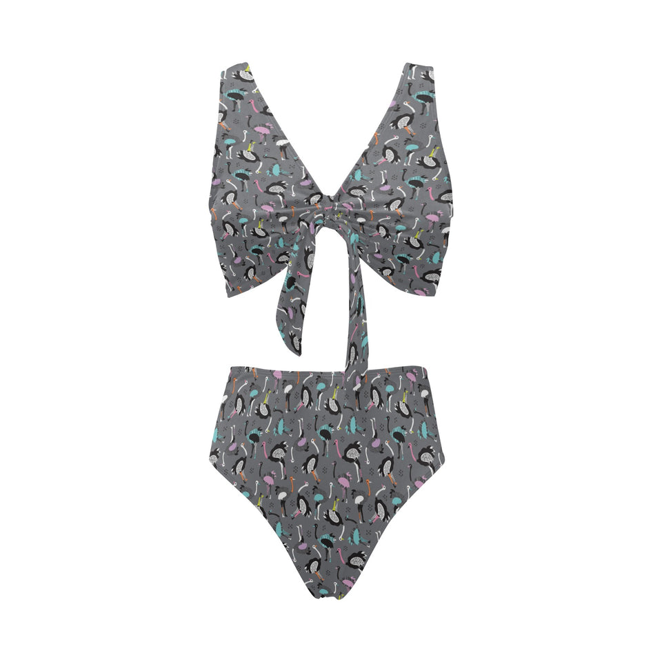 Ostrich Pattern Print Design 01 Chest Bowknot High Waisted Bikini Swimsuit