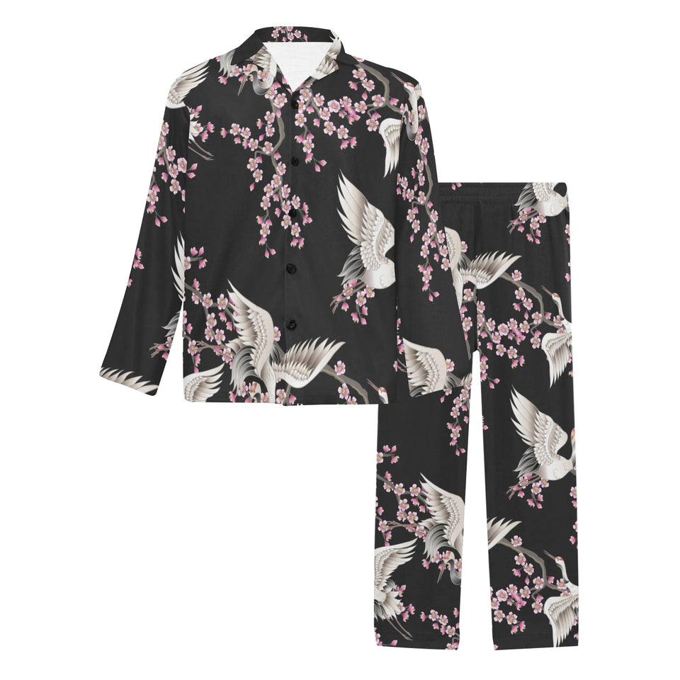 Japanese crane pink sakura pattern Men's Long Pajama Set