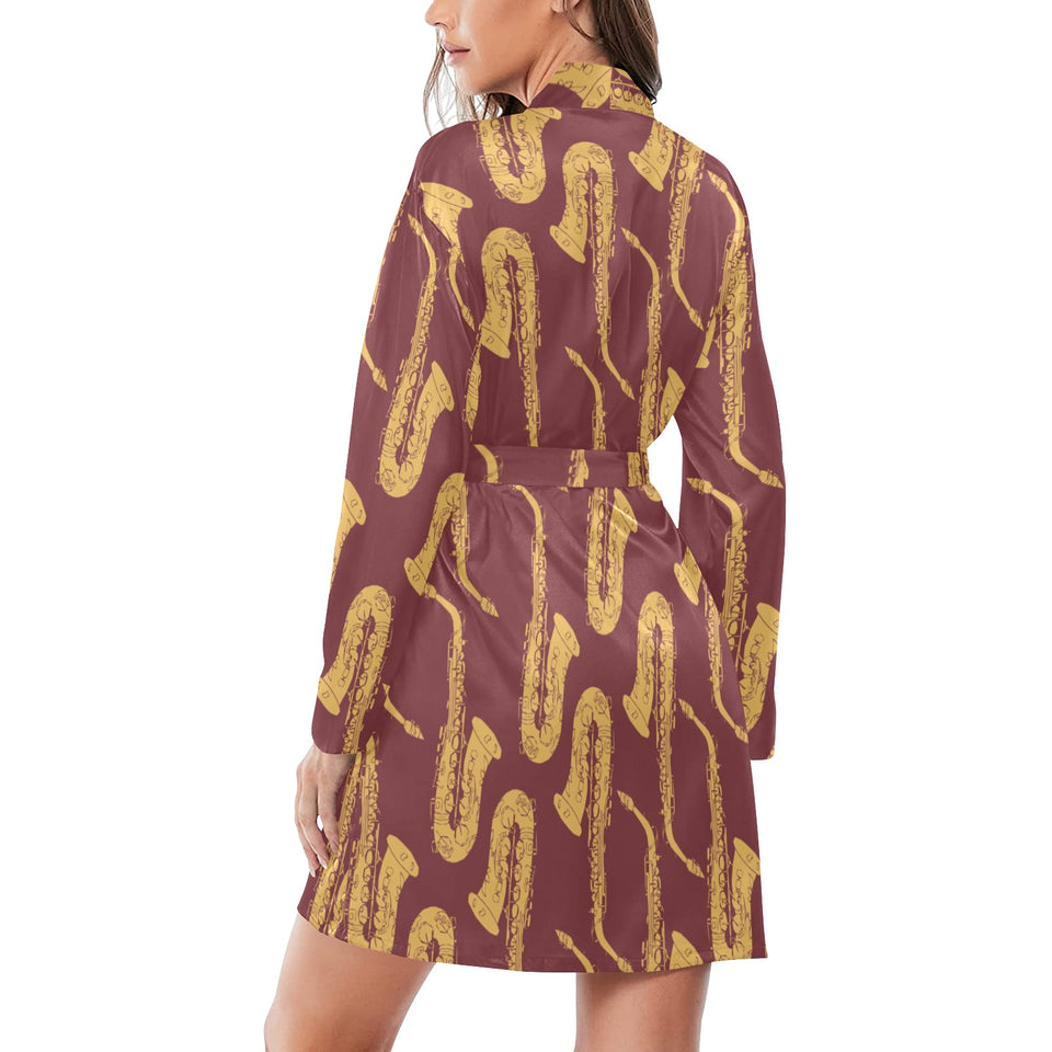 Hand drawn gold saxophone red background Women's Long Sleeve Belted Night Robe