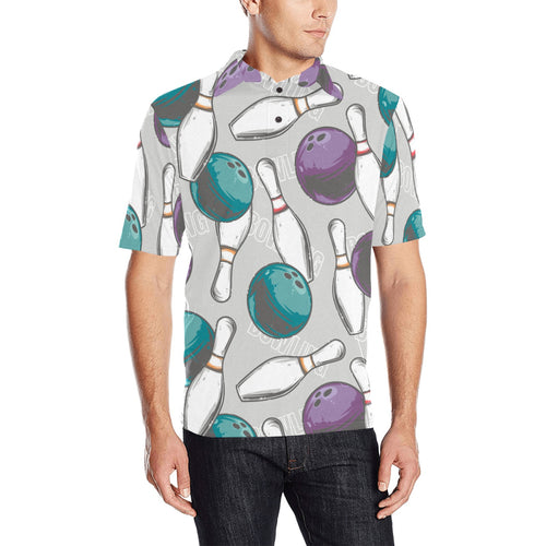 Bowling ball and pin gray background Men's All Over Print Polo Shirt