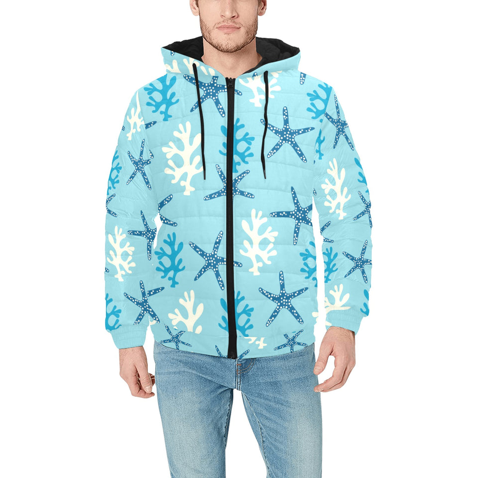 Blue starfish coral reef pattern Men's Padded Hooded Jacket