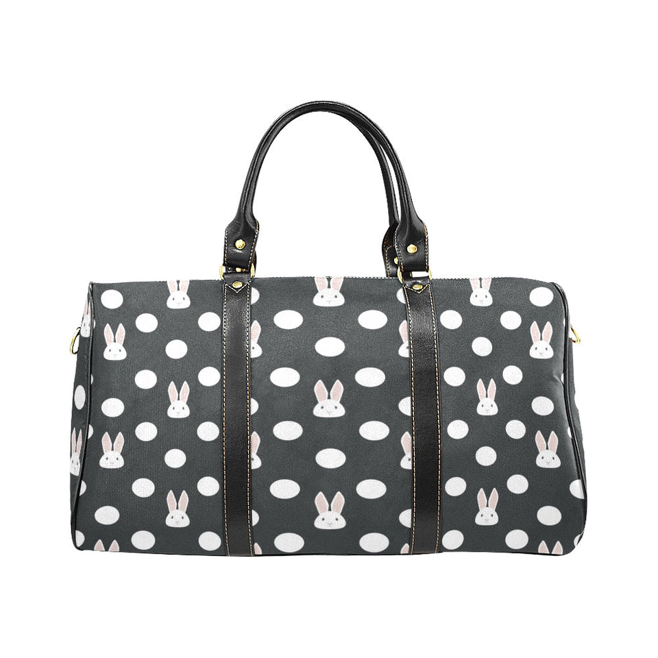 Cute white rabbit polka dots black background Travel Bag