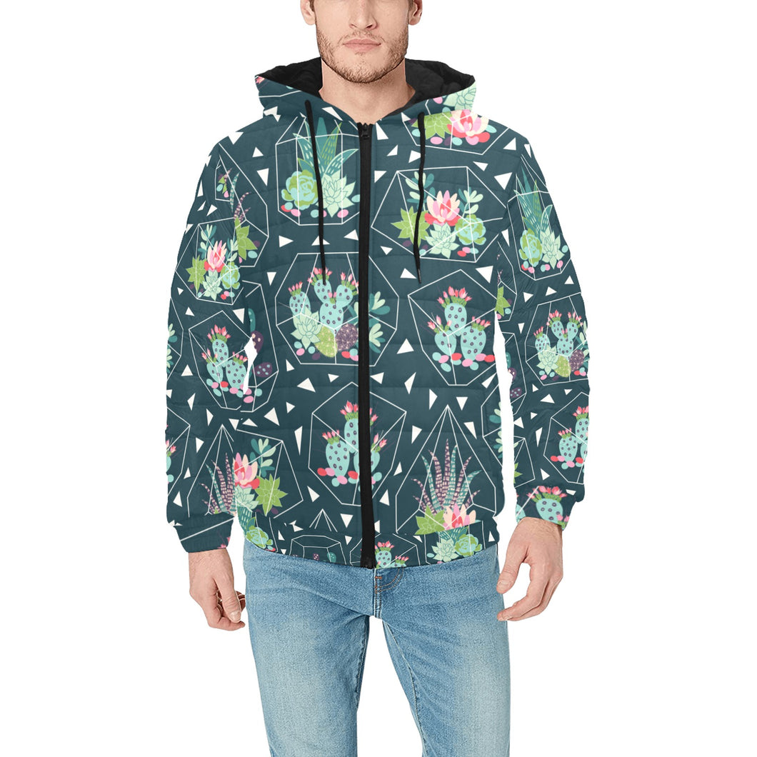Cactus glass terrarium pattern Men's Padded Hooded Jacket