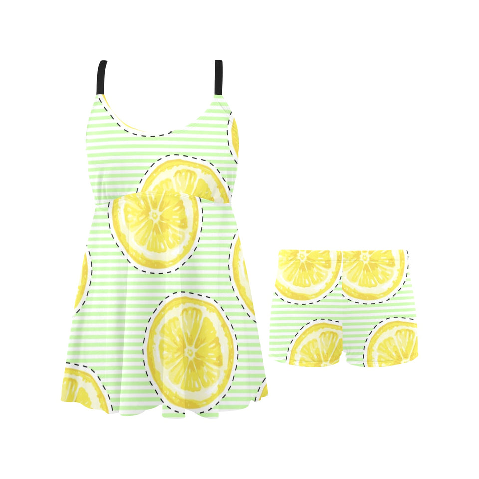 slice of lemon pattern Chest Sexy Pleated Two Piece Swim Dress