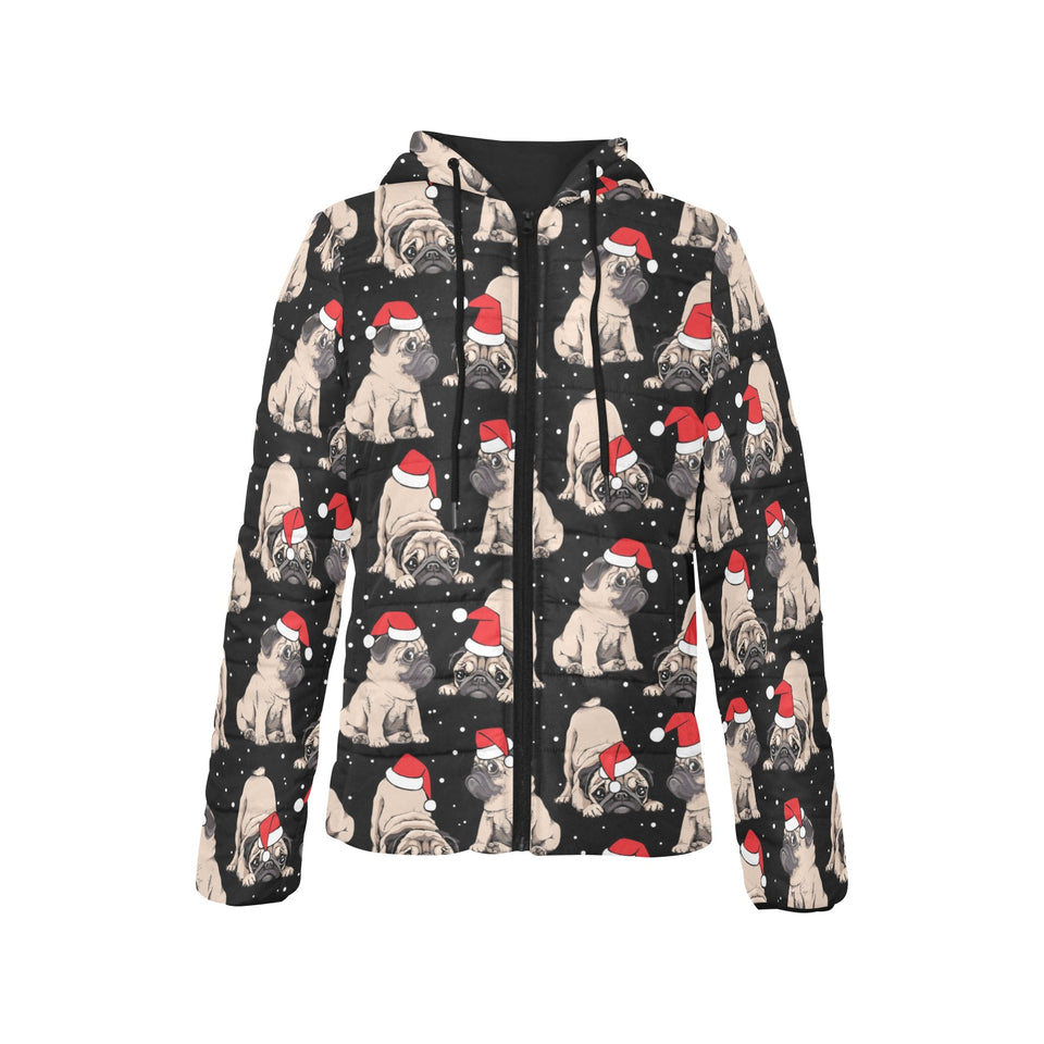 Christmas Pugs Santa_s red cap pattern Women's Padded Hooded Jacket
