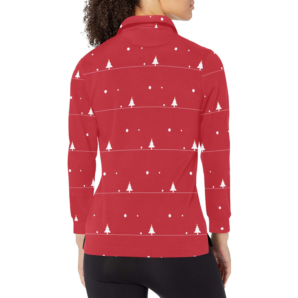Christmas tree star snow red background Women's Long Sleeve Polo Shirt