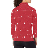Christmas tree star snow red background Women's Long Sleeve Polo Shirt