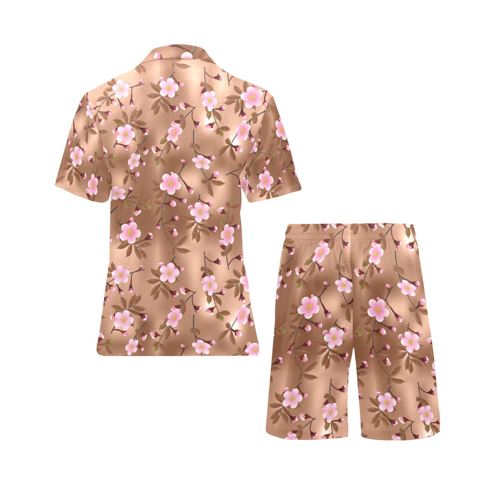 Pink sakura cherry blossom drak brown background Men's V-Neck Short Pajama Set
