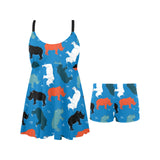 Colorful rhino pattern Chest Sexy Pleated Two Piece Swim Dress
