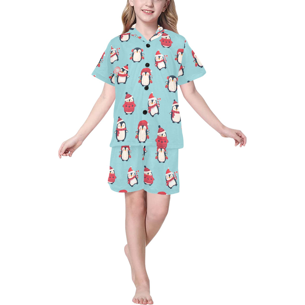Cute penguin christmas  design pattern Kids' Boys' Girls' V-Neck Short Pajama Set