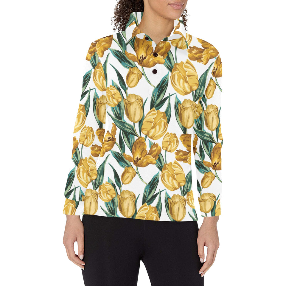 yellow tulips pattern Women's Long Sleeve Polo Shirt
