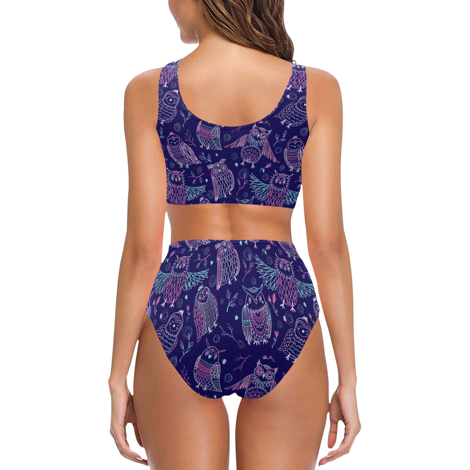 Cute owls pattern boho style ornament Chest Bowknot High Waisted Bikini Swimsuit
