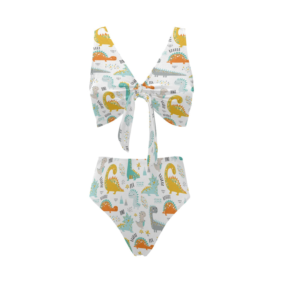 Cute funny kids dinosaurs pattern Chest Bowknot High Waisted Bikini Swimsuit