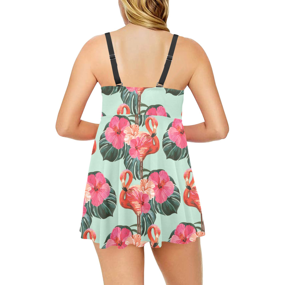 Beautiful flamingo tropical palm leaves hibiscus p Chest Sexy Pleated Two Piece Swim Dress