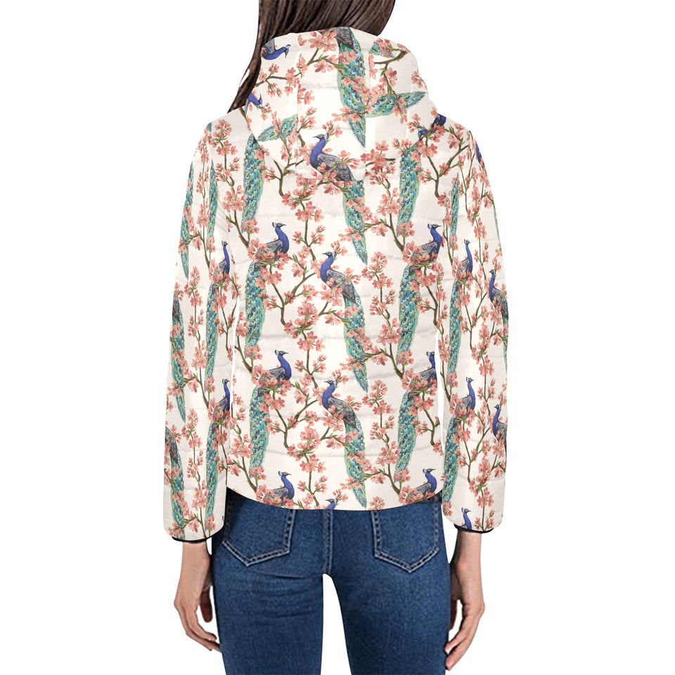 Peacock tropical flower pattern Women's Padded Hooded Jacket