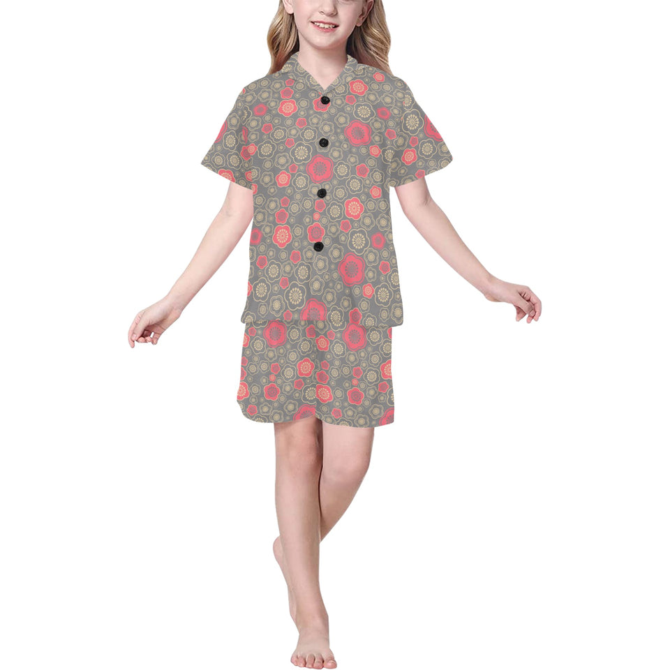 Red gold Sakura cherry blossom gray background Kids' Boys' Girls' V-Neck Short Pajama Set
