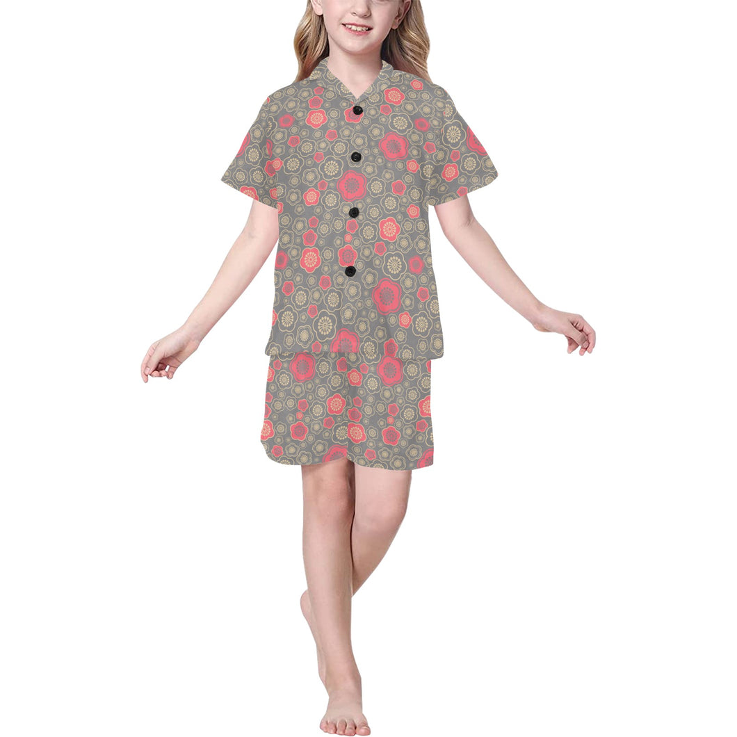 Red gold Sakura cherry blossom gray background Kids' Boys' Girls' V-Neck Short Pajama Set