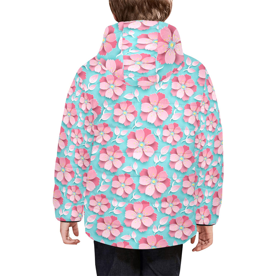 3D sakura cherry blossom pattern Kids' Boys' Girls' Padded Hooded Jacket
