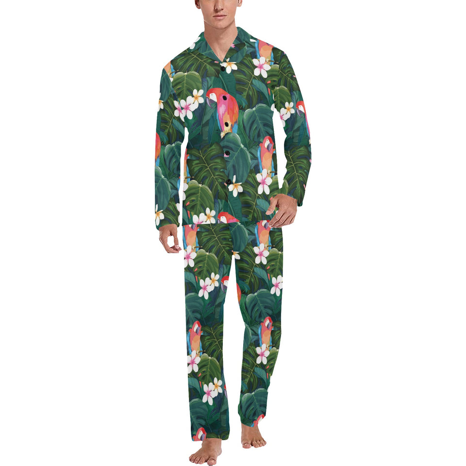 Parrot Palm tree leaves flower hibiscus pattern Men's Long Pajama Set