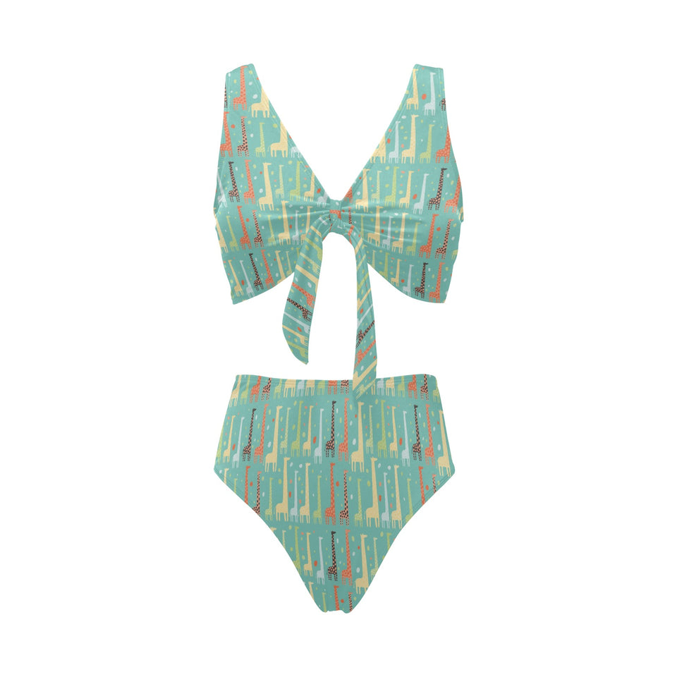 Giraffe Pattern Print Design 01 Chest Bowknot High Waisted Bikini Swimsuit