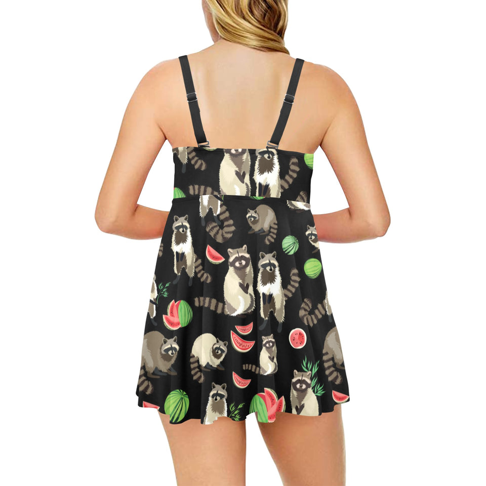 Raccoon watermelon pattern Chest Sexy Pleated Two Piece Swim Dress