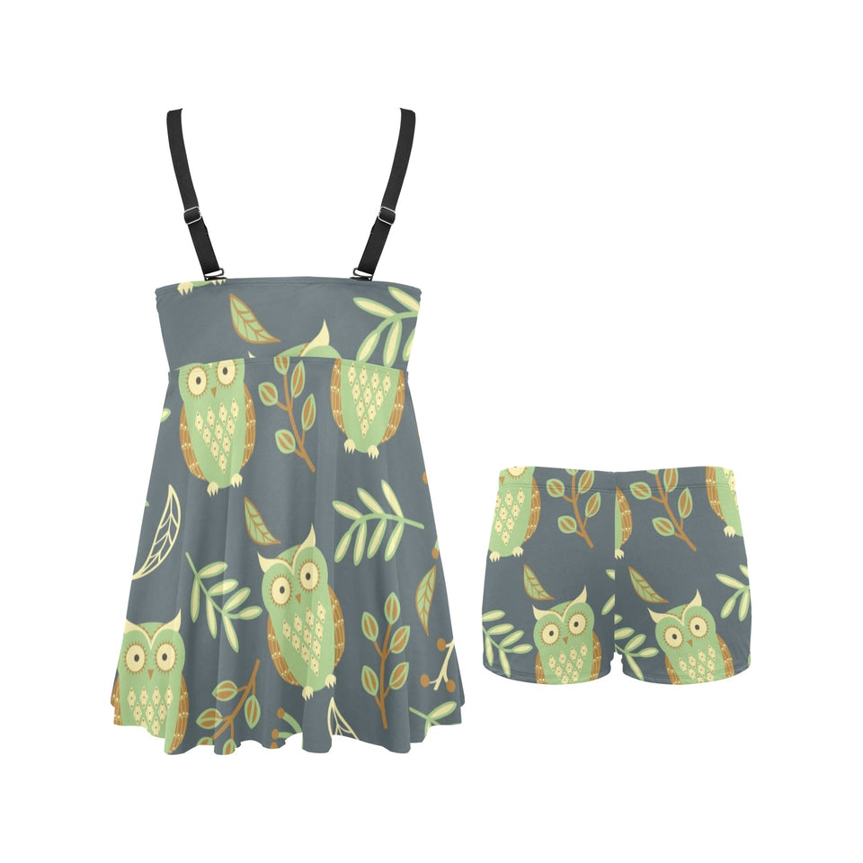 Cute owls leaves pattern Chest Sexy Pleated Two Piece Swim Dress
