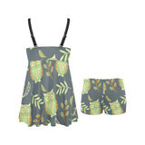 Cute owls leaves pattern Chest Sexy Pleated Two Piece Swim Dress