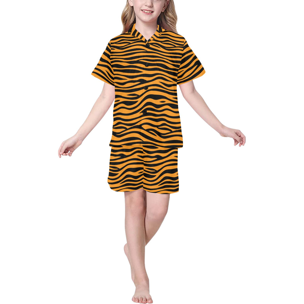 Bengal tigers skin print pattern background Kids' Boys' Girls' V-Neck Short Pajama Set
