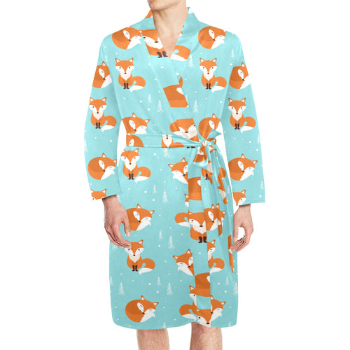 Fox pattern blue b ackground Men's Long Sleeve Belted Night Robe