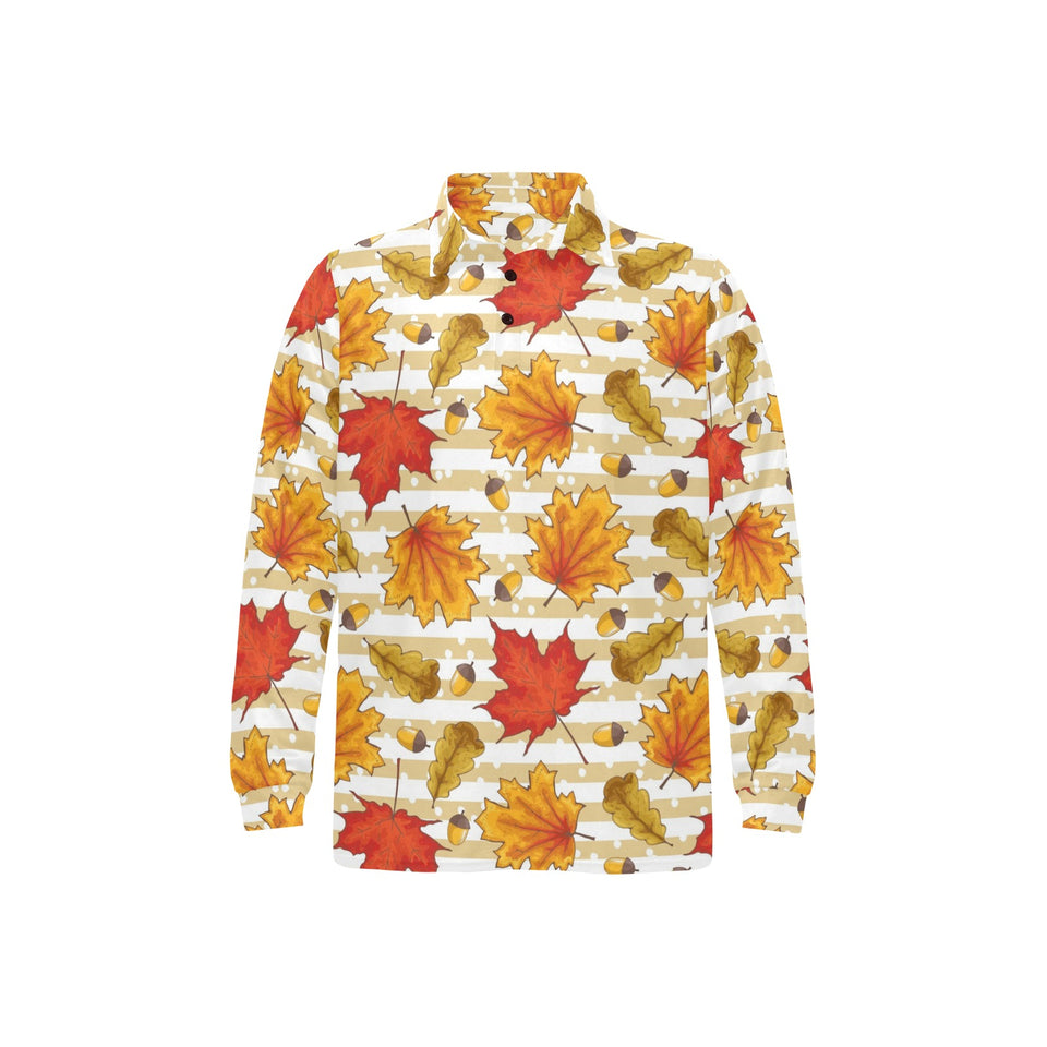 Maple leaf oak leaf acorns beige striped backgroun Men's Long Sleeve Polo Shirt