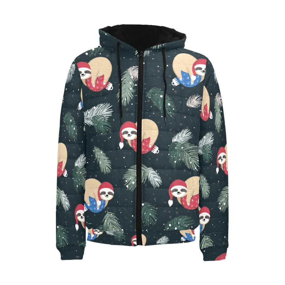 Cute sloths sleeping christmas ball santa hat patt Men's Padded Hooded Jacket
