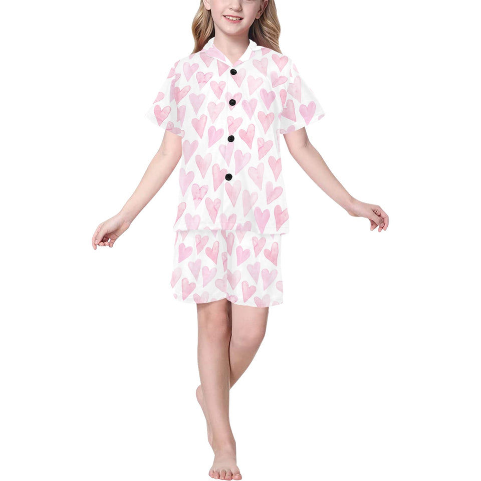 Watercolor pink heart pattern Kids' Boys' Girls' V-Neck Short Pajama Set