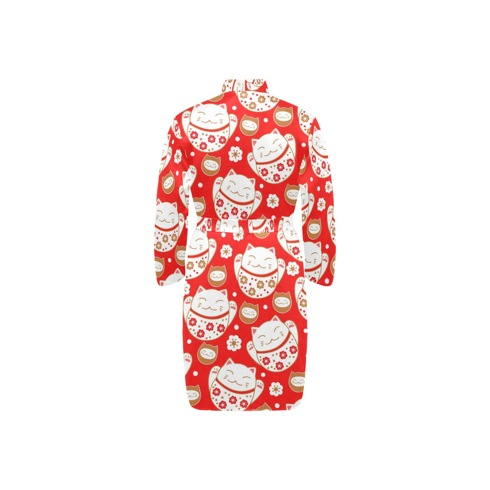Cute Maneki neko cat red background Men's Long Sleeve Belted Night Robe