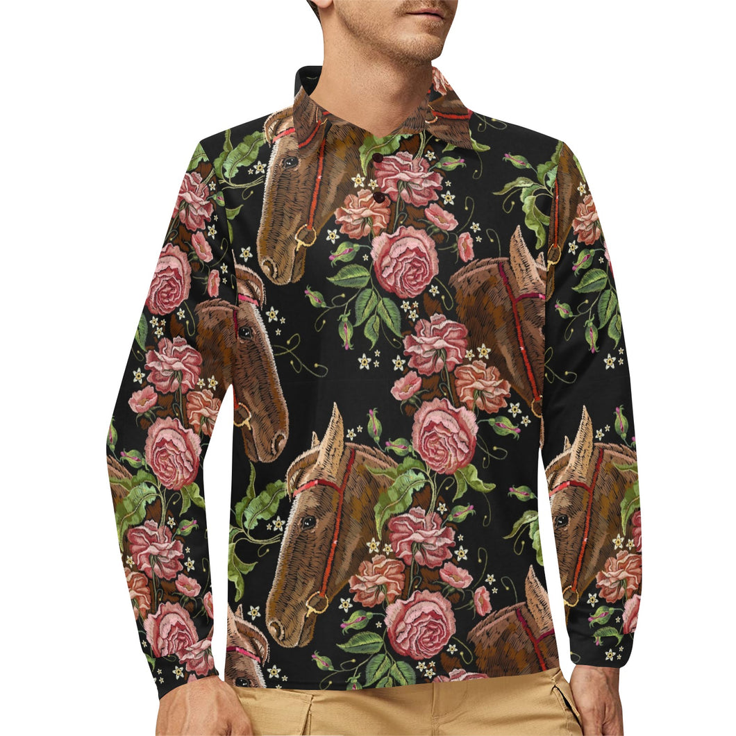 Horse head wild roses pattern Men's Long Sleeve Polo Shirt