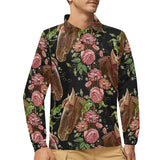 Horse head wild roses pattern Men's Long Sleeve Polo Shirt
