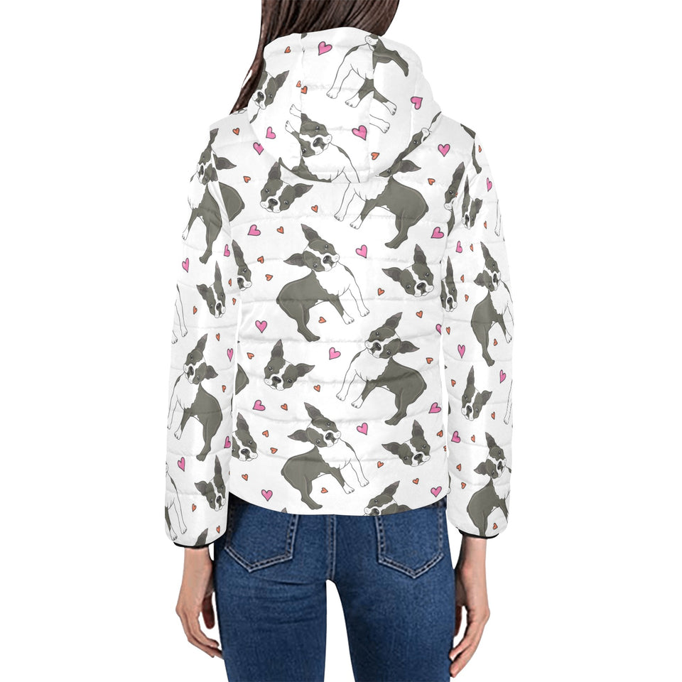Boston terrier dog hearts vector pattern Women's Padded Hooded Jacket