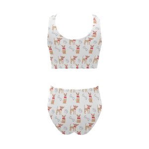 Chihuahua bone paw pattern Chest Bowknot High Waisted Bikini Swimsuit