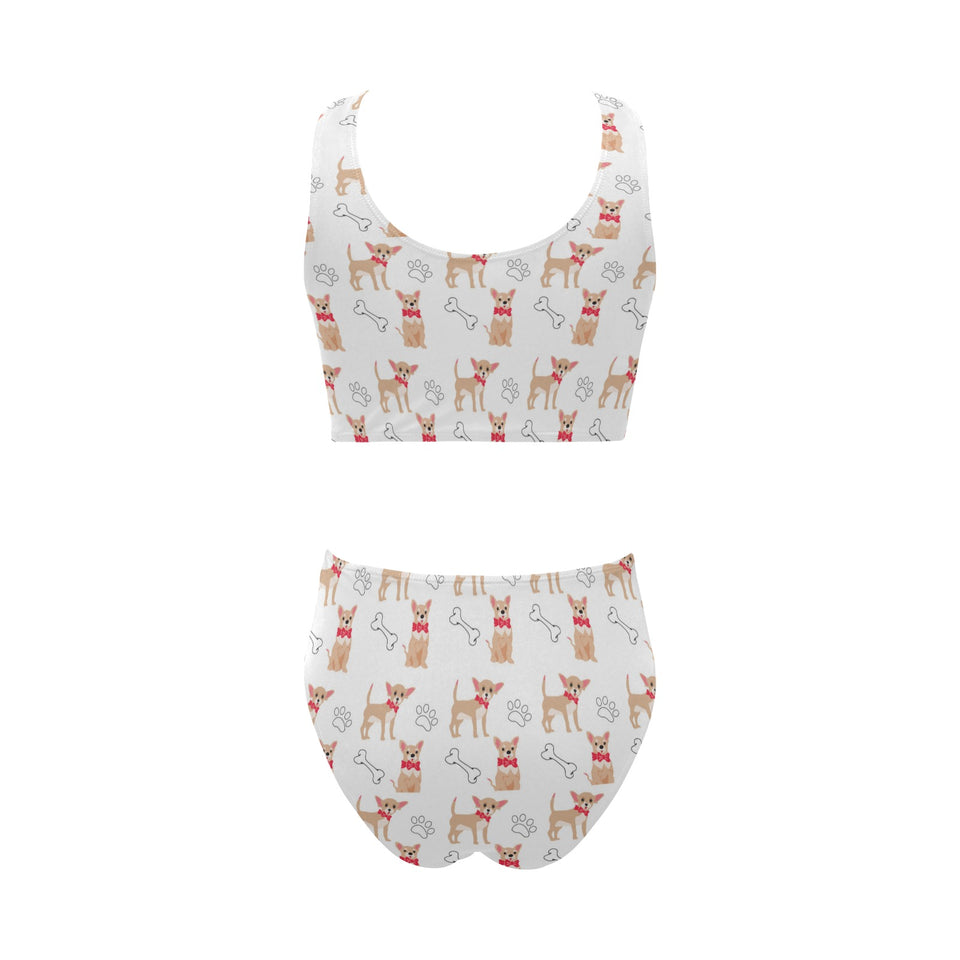 Chihuahua bone paw pattern Chest Bowknot High Waisted Bikini Swimsuit
