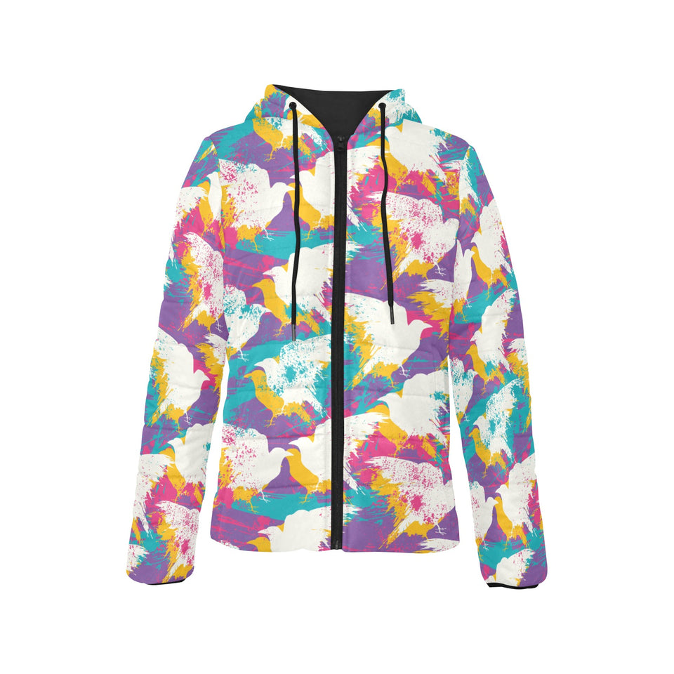 Colorful crow illustration pattern Women's Padded Hooded Jacket