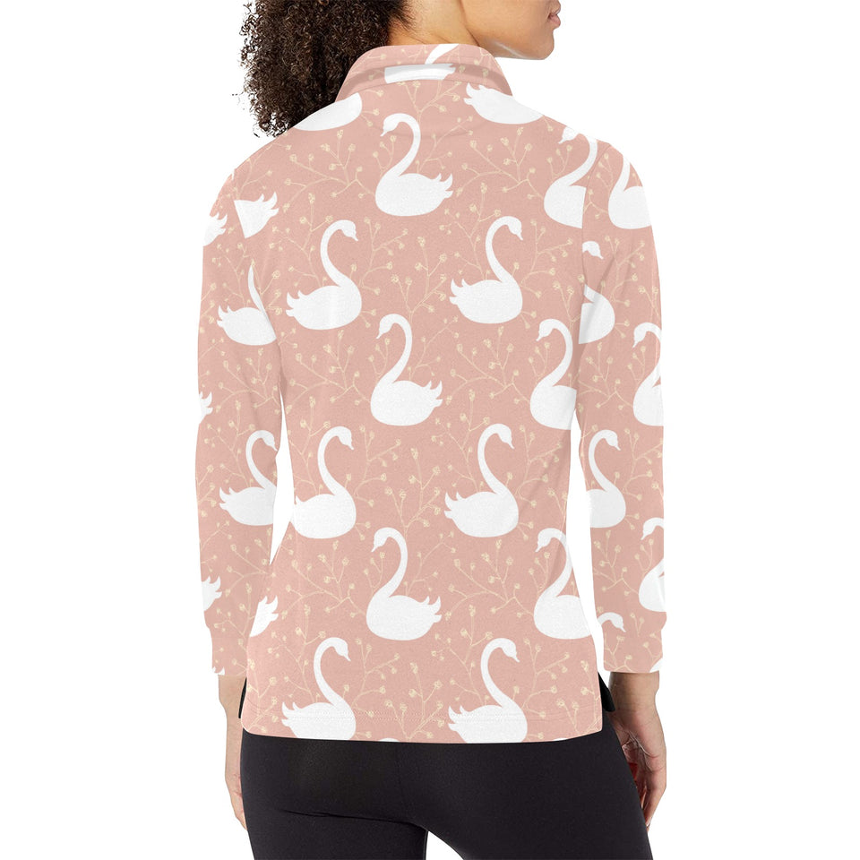 Swan flower light pink background Women's Long Sleeve Polo Shirt