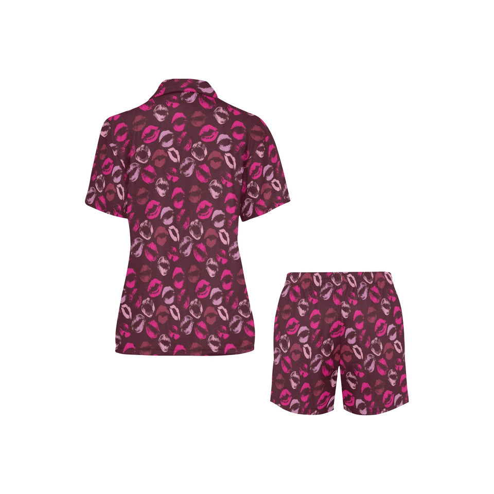 Lips Pattern Print Design 03 Women's V-Neck Short Pajama Set
