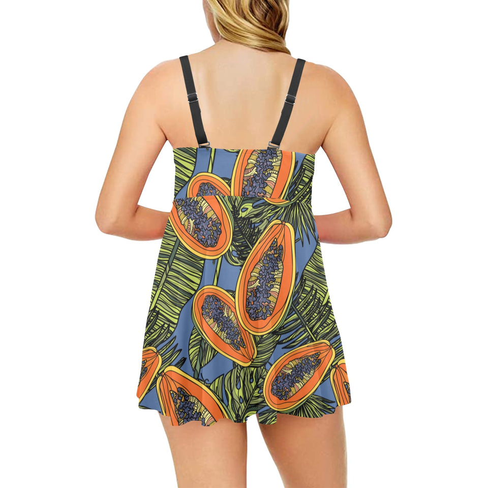 Colorful papaya tropical leaves Chest Sexy Pleated Two Piece Swim Dress