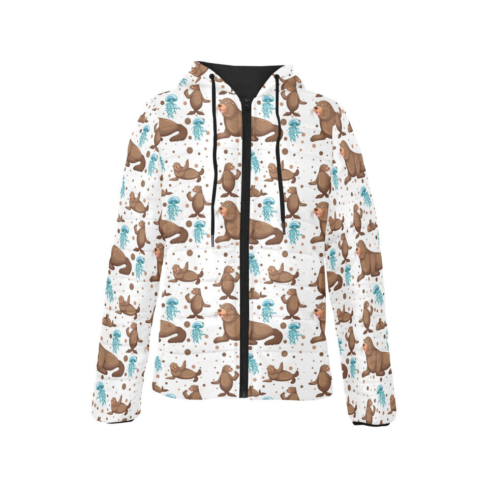 sea lion Seals jellyfish pattern Women's Padded Hooded Jacket