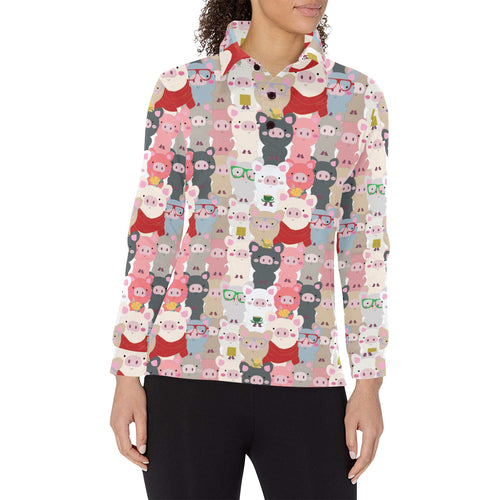 Pig Pattern Print Design 02 Women's Long Sleeve Polo Shirt