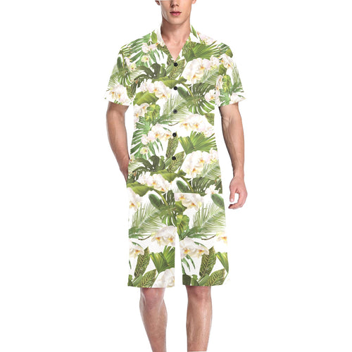 White orchid flower tropical leaves pattern Men's V-Neck Short Pajama Set